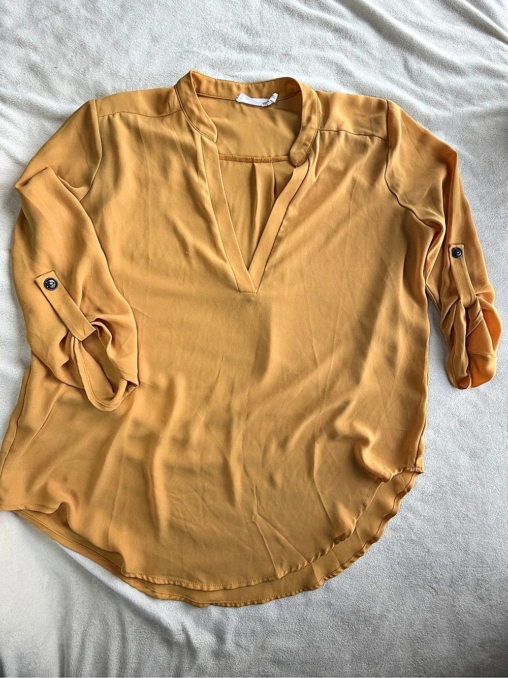 Lush V-Neck Roll-Tab Sleeve High-Low Blouse Orange Medium